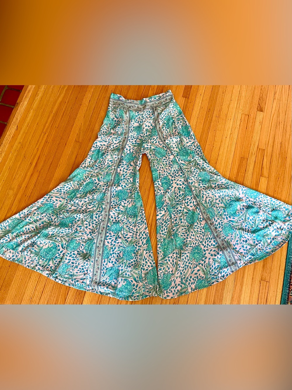 Karma Highway Turquoise Floral Print Wide Leg Palazzo Pants One Size L